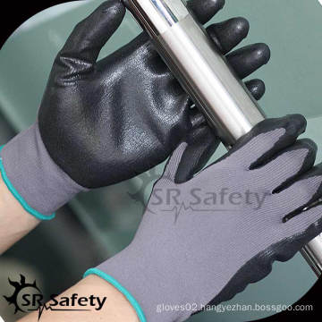 SRSAFETY 13G knitted nylon coated black normal foam nitrile gloves,unbreathable/black nitrile gloves